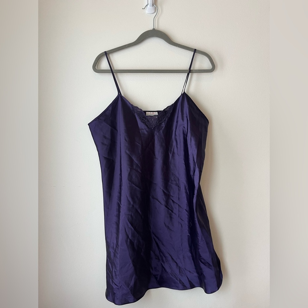 Vintage Sentiments Purple Satin Slip Dress women’s size large Lace Trim Y2K